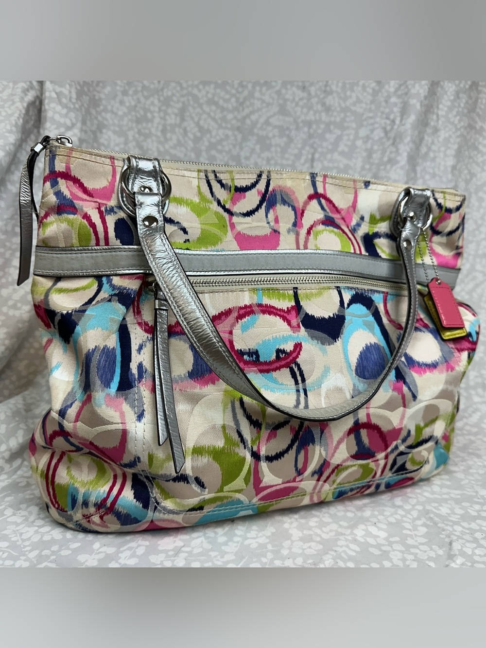 Coach Poppy Ikat 19876 Signature C Glam Tote Shoulder Bag in Silver Multicolor